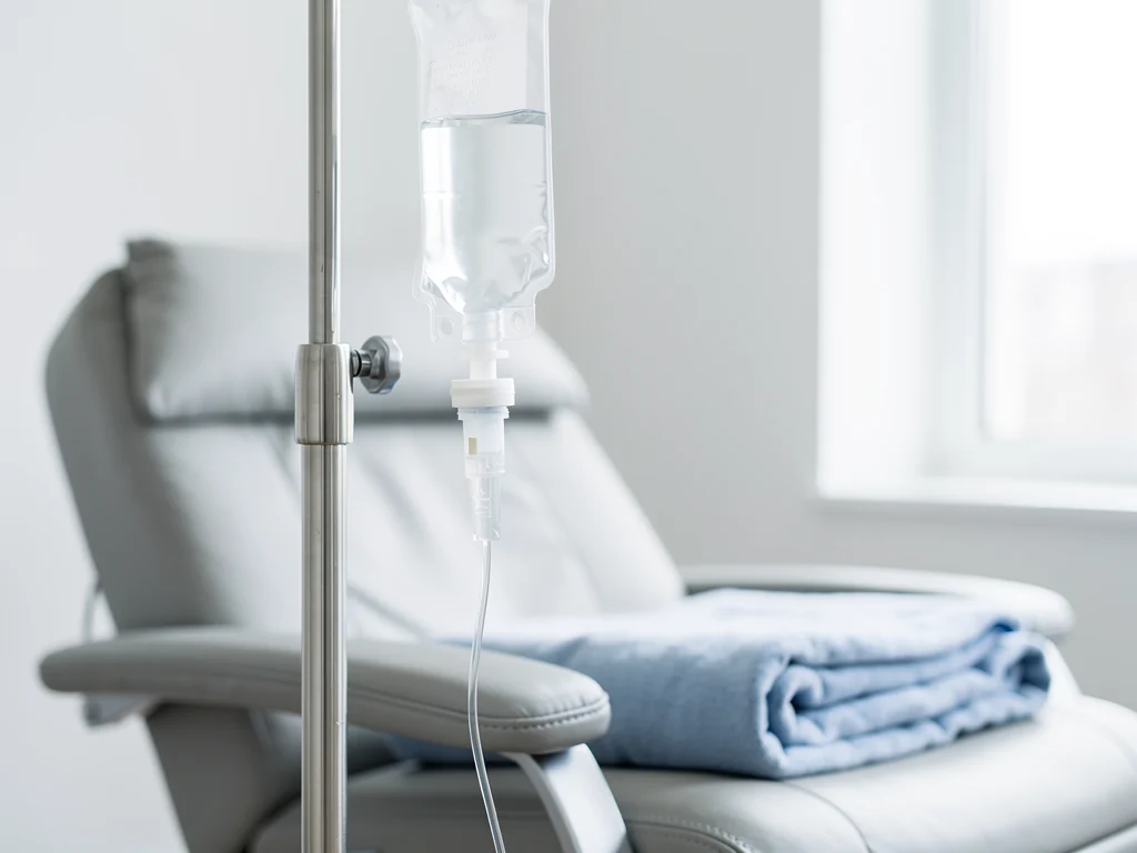 Vorbereiteter Behandlungsplatz: Infusionsstaender mit Beutel, dahinter ein Behandlungsstuhl mit Decke