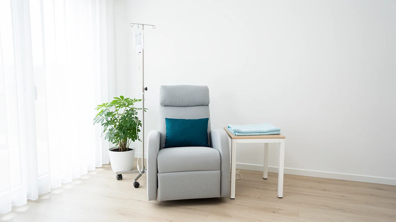 Behandlungsraum der Praxis: Infusionsstuhl am Fenster, daneben ein Infusionsstaender